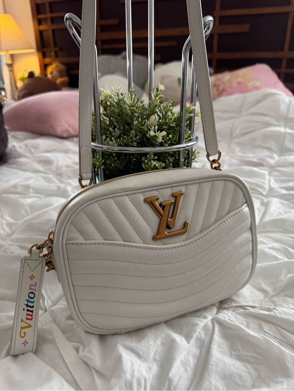 Louis Vuitton White Quilted Crossbody with Gold LV Accent